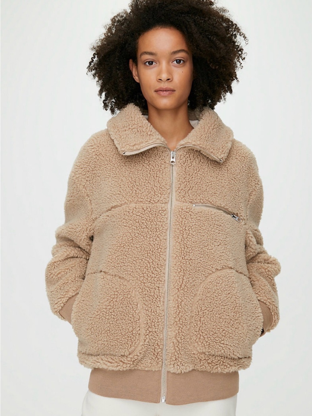 Aritzia Teddy Sherpa Zip-Up Jacket in Light Beige